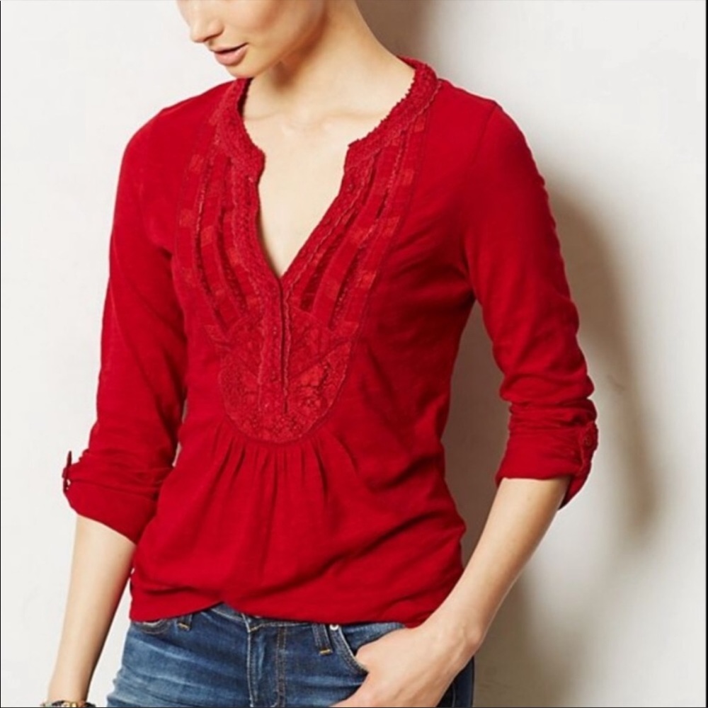 Anthropologie Meadow Rue Red Lace & Velvet Trim Roll Tab Shirt Size XS